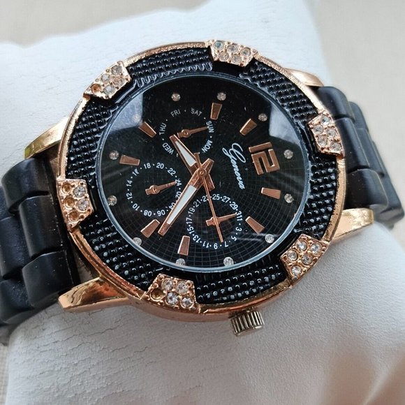 Geneva Fashion Wristwatch Quartz Analog Black Rubber Band Gold Tone Case Watch - Picture 3 of 11